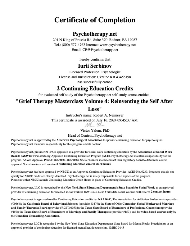 2024 - Grief Therapy Masterclass Volume 4: Reinventing the Self After Loss