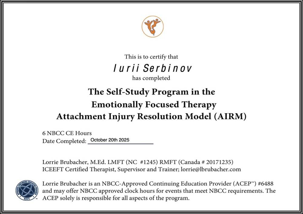 The Self-Study Program in the Emotionaly Focused Therapy: Attachment Injury Resolution Model (AIRM, Lorrie Brubacher, 2025)