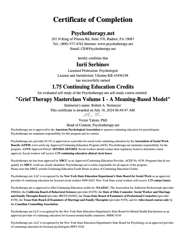 2024 - Grief Therapy Masterclass Volume 1 - A Meaning-Based Model